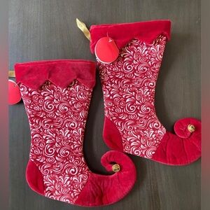 NEW A Set of 2 Christmas Fireplace Velvet Stockings / Boots With Bells Small